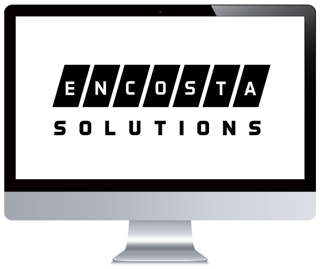 Encosta Management Studio Mockup Encosta Solutions logo displayed on a computer screen, with the company name in bold black text on a white background.